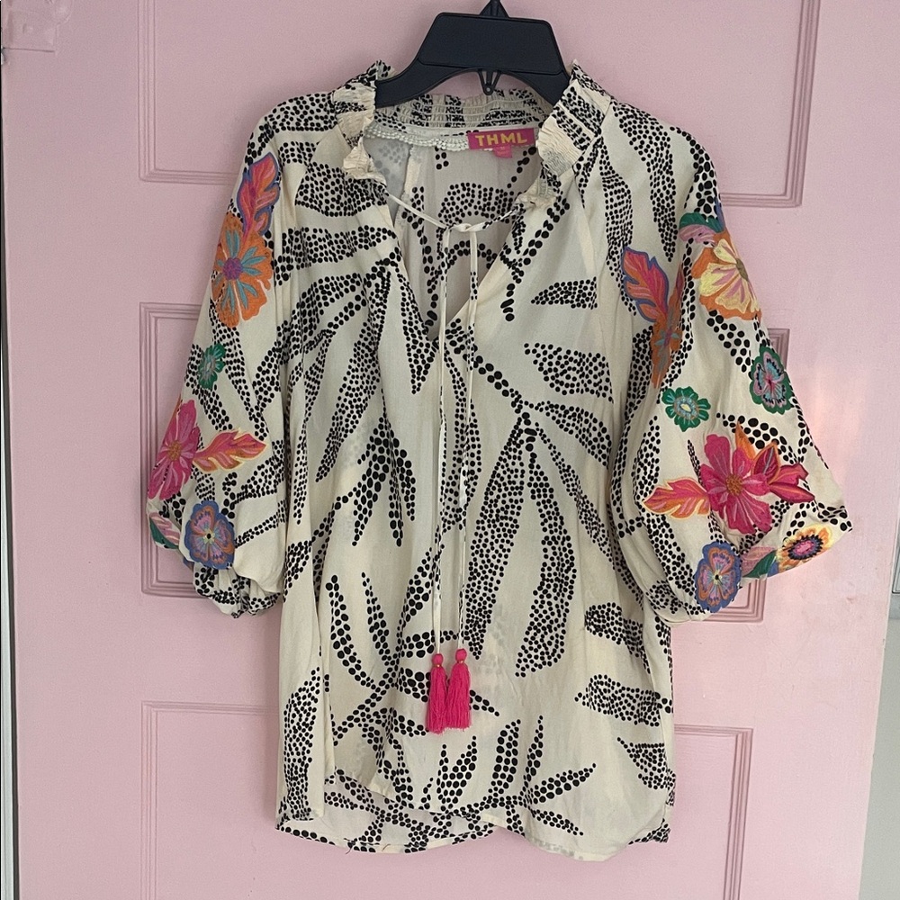 THML Cream Tunic with Black Dot Print and Colorful Floral Sleeves